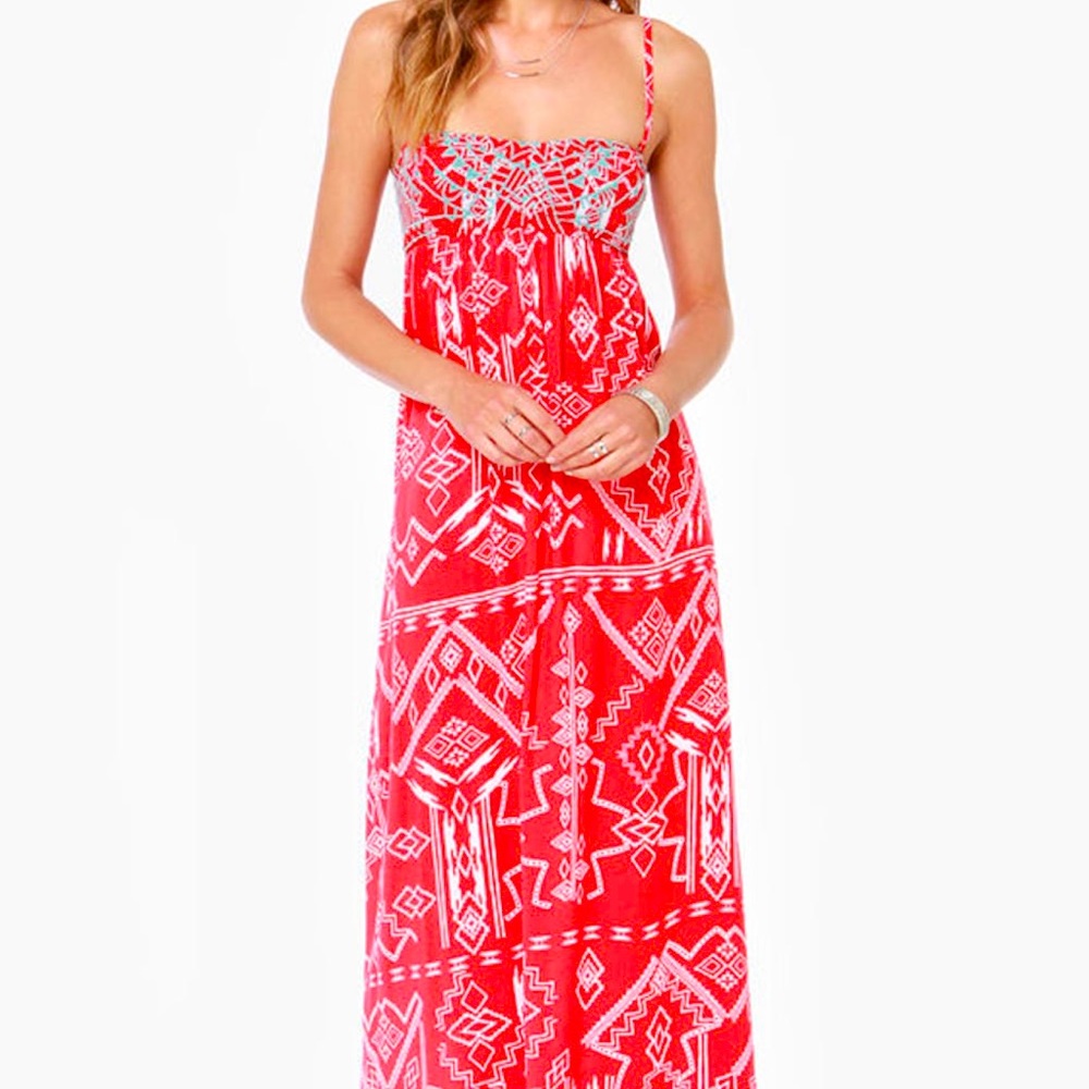 Billabong Dreamed of You Women's Red Print Maxi Dress Size Large Tribal Aztec